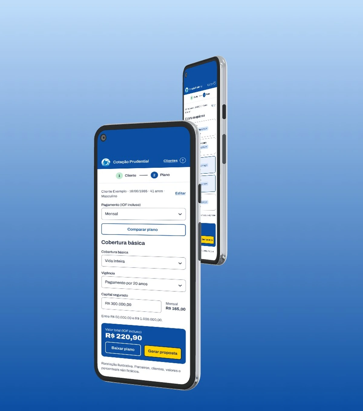 Two screens from the Prudential quoting prototype — basic coverage and optional coverage — composed in phone frames over a blue backdrop