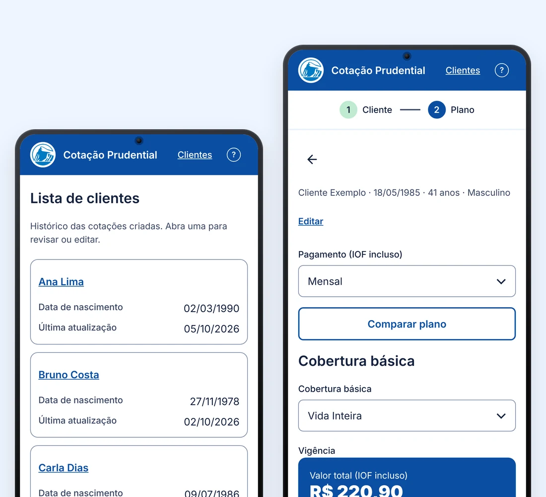 Two screens of the Prudential quote prototype in phone frames: client list and plan with total price