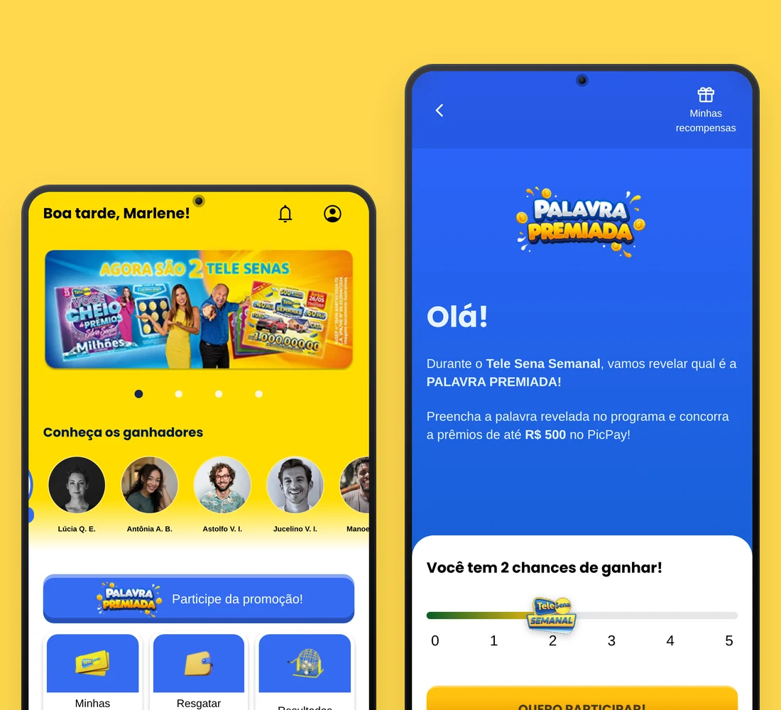 Two Tele Sena app screens in phone frames: home with winners and the Palavra Premiada promotion