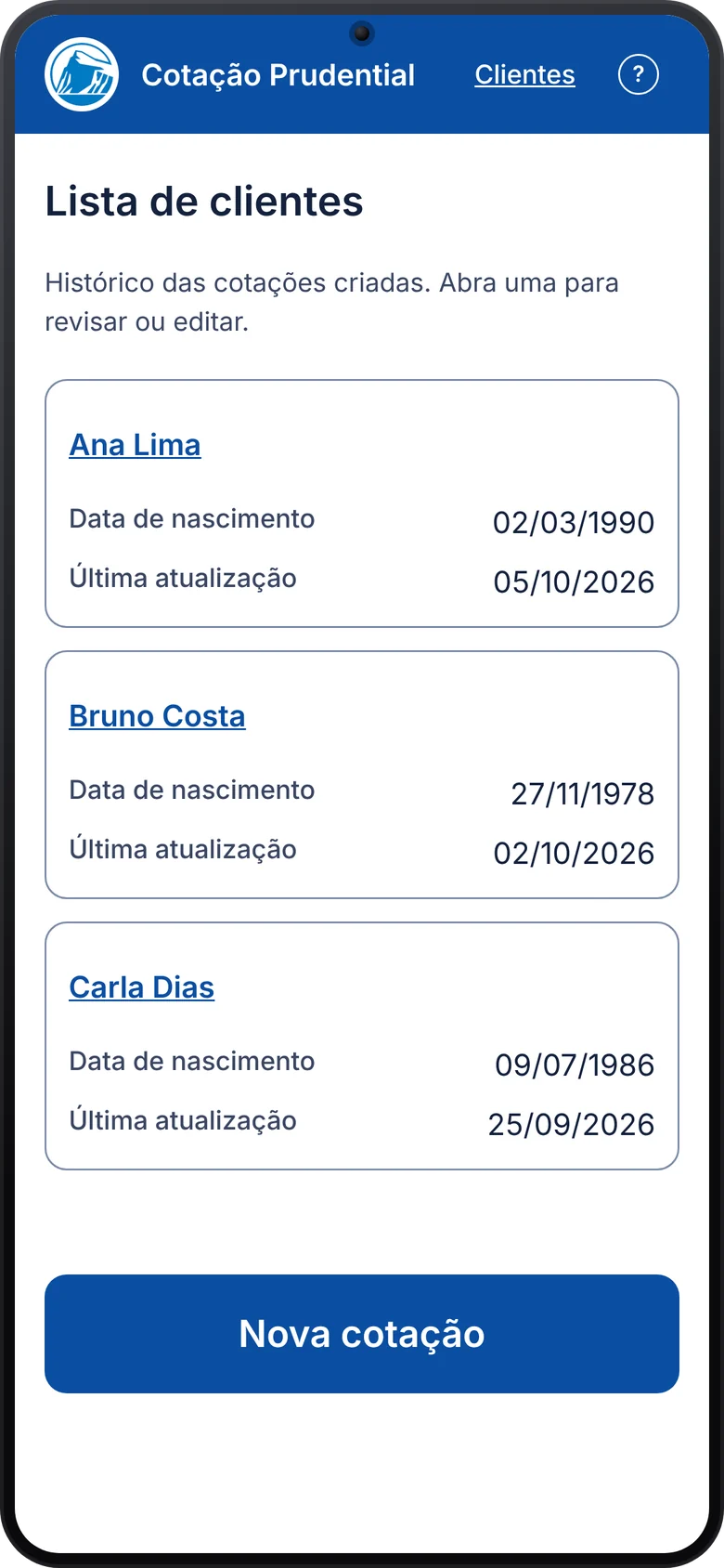 Tela 1, lista de clientes com botão Nova cotação