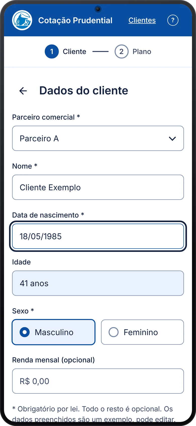 Tela 2, dados do cliente com nome, nascimento e sexo
