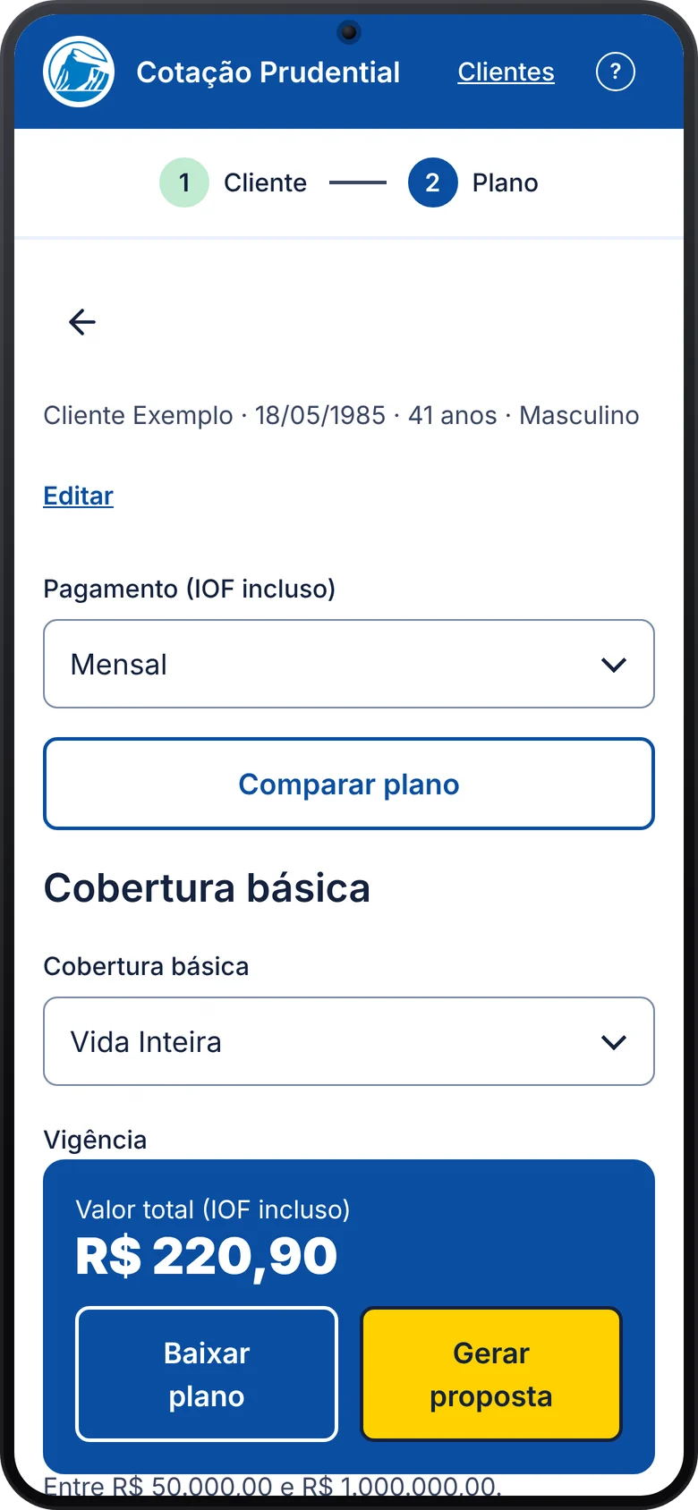 Tela 3, cobertura básica com valor total sempre visível