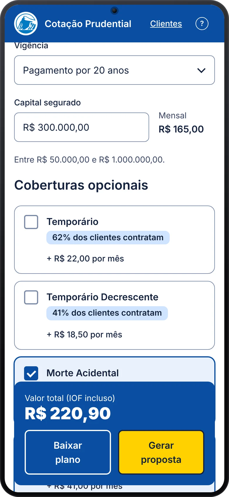 Tela 4, coberturas opcionais que podem ser marcadas