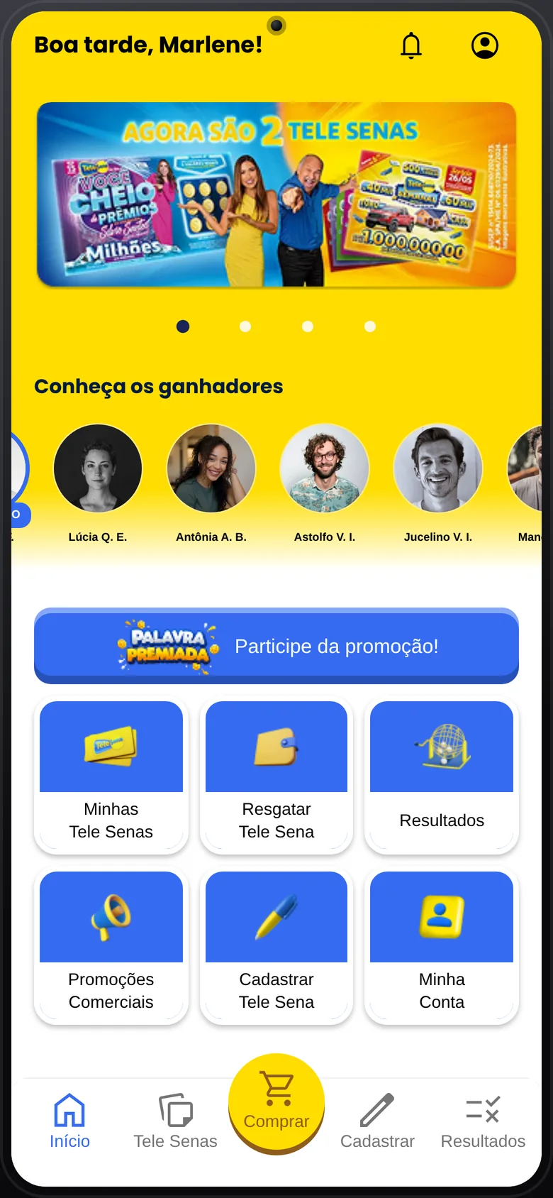 App home screen with winners and the promotion