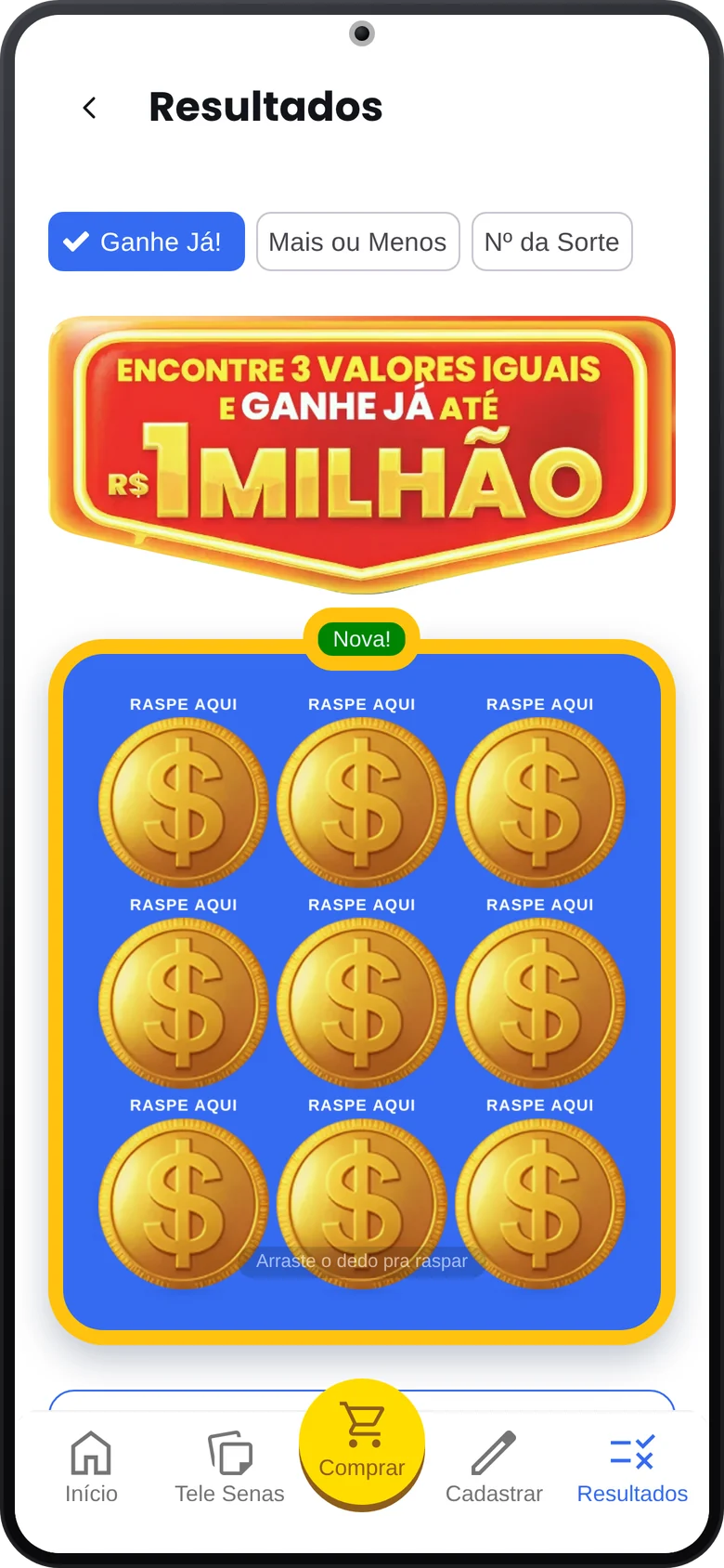 Results screen with the Ganhe Já scratch card