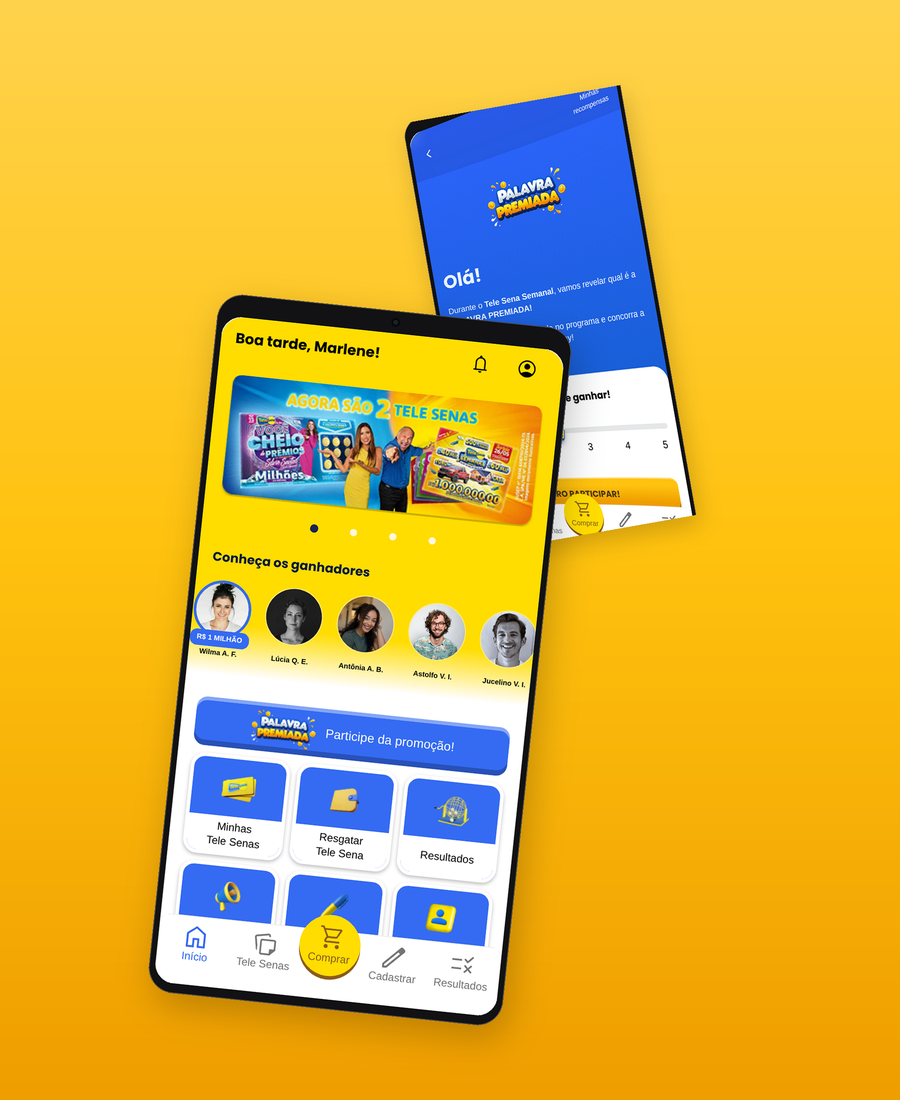 Composite of real Tele Sena app screens — Home with the winners showcase and the Palavra Premiada promotion