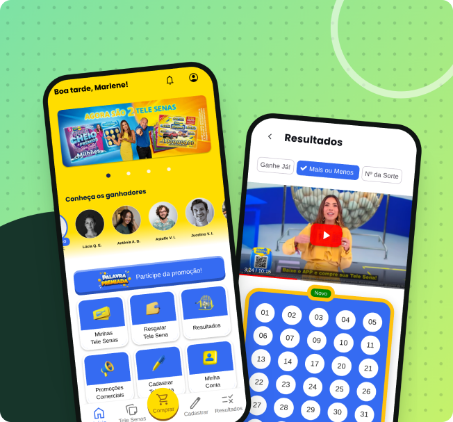 Telas do app Tele Sena: Home com banner promocional e carrossel de ganhadores, e tela de Resultados com vídeo do sorteio ao vivo.