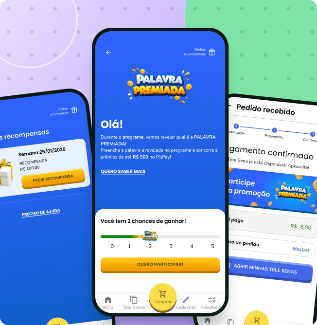 Telas da Palavra Premiada: tela de boas-vindas explicando a promoção, tela com chances de participar, e confirmação do pedido com convite para participar.